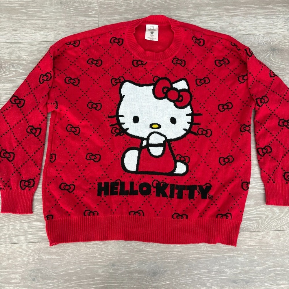 Hello Kitty By Sanrio Womens Red Ribbed Cuff Knit Crew Neck Sweater Size 2XL